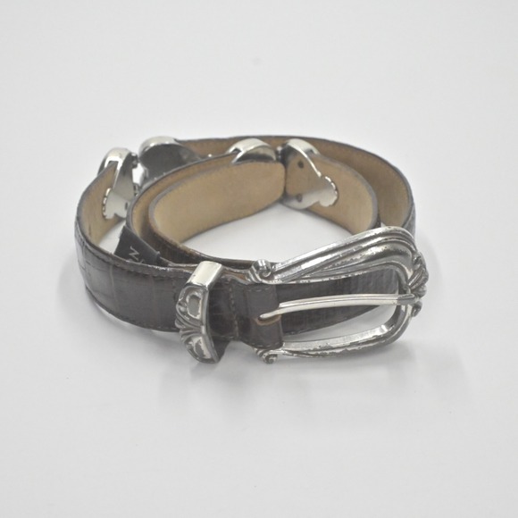 Vtg BRIGHTON Womens Belt Size S/28 Brown Croc Embossed Leather Silver Buckle USA - Picture 1 of 8